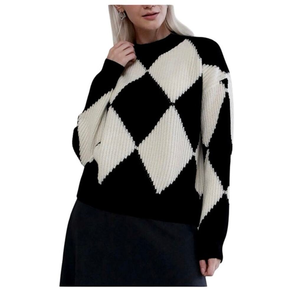 FIBFLX Harlequin Sweater Wool and Cashmere Black and White Checkered EUC Small